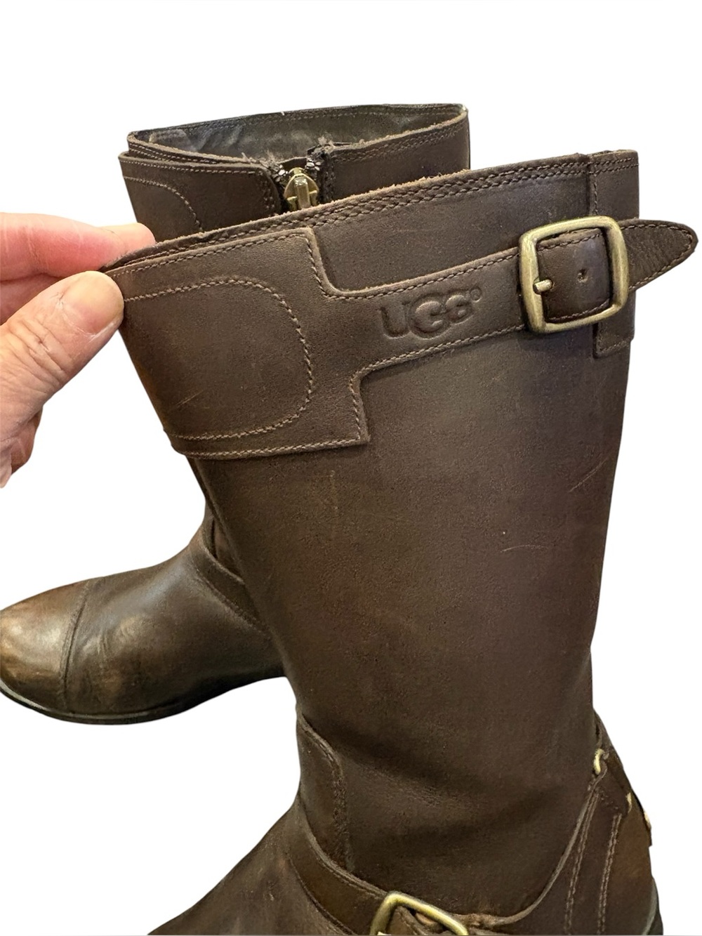 UGG Womens Gershwin Brown Leather Mid-Calf Buckle Boots, size 7 - Picture 3 of 10